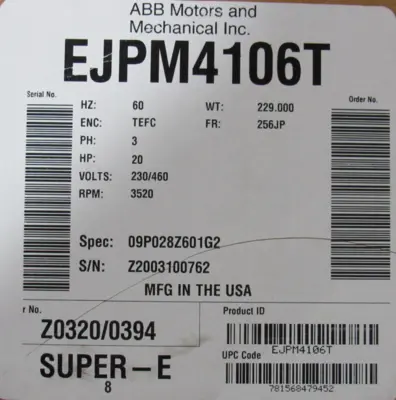 NEW BALDOR EJPM4106T MOTOR 20HP 230/460V 256JP 3520 RPM
