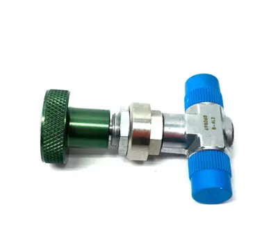 USED SWAGELOK CHROME-PLATED BRASS METERING VALVE, GREEN KNOB, KNURLED