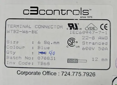 C3CONTROLS WTB2-W6 TERMINAL BLOCK CONNECTORS 600V 50A - Box with 40. Loc3E-35