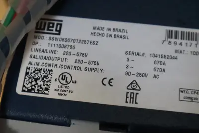 WEG SSW06 SOFT STARTER, 220-575v; 670a; 3Phase; P/N: SSW060670T2257ESZ