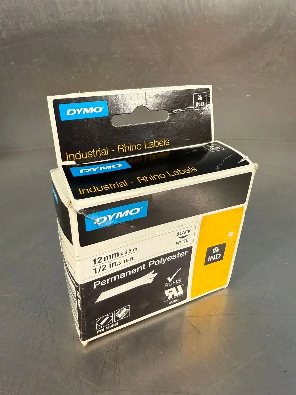 Dymo Rhino 18483 Permanent Poly Tape 1/2" x 18 ft White Black Print (3.1.1)