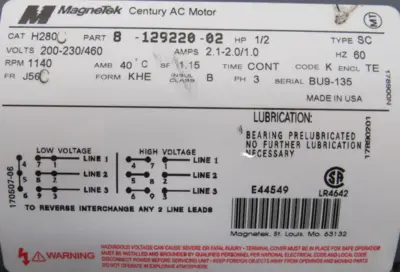 NEW MAGNETEK H280C MOTOR 1/2HP 200-230/460V 1140 RPM 8-129220-02