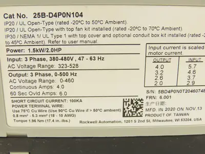 Allen Bradley 25B-D4P0N104 PowerFlex 525 AC Drive 1.5kW 2Hp 480V 3ph FRN 6.001