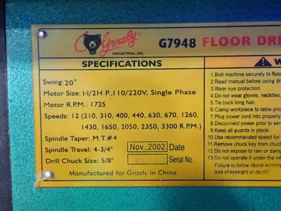 USED 2002 GRIZZLY INDUSTRIAL G7948