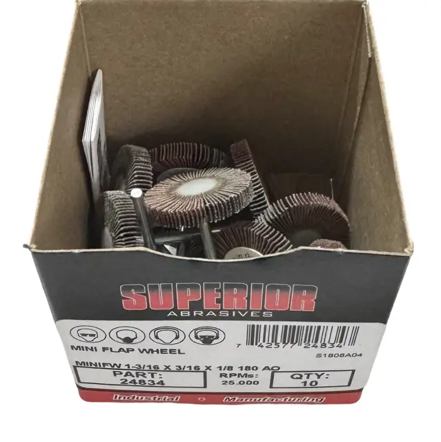 Superior Abrasives 1-3/16" x 3/16" x 1/8" Mini Flap Wheels 180 Grit Aluminum Oxide 10pk