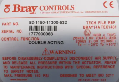 USED BRAY 92-1190-11300-532 PNEUMATIC ACTUATOR 92119011300532