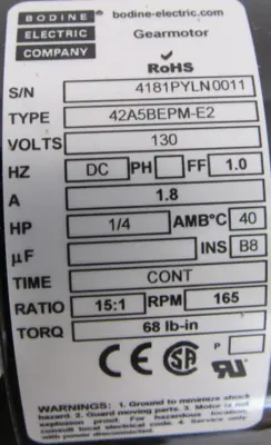 NEW BODINE ELECTRIC 42A5BEPM-E2 GEARMOTOR 15:1 165 RPM 42A5BEPME2