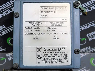 Square D 9016 GAW-21 Vacuum Switch 100 psig 6.9 bar 0-28.7 In-Hg 0-973 mbar Used