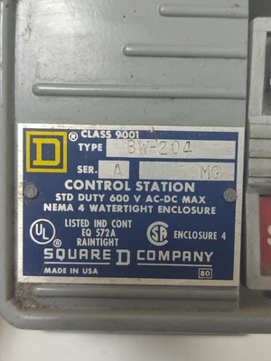 🔥 Square D Class 9001 Type BW-204 Ser A Start Stop Remote Switch