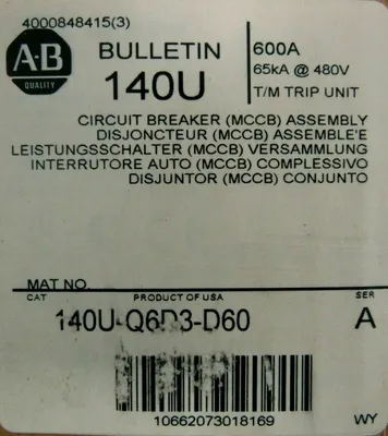 NEW ALLEN BRADLEY 140U-Q6D3-D60 CIRCUIT BREAKER SER.A 600A 140UQ6D3D60
