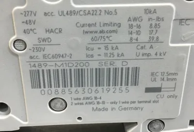 ALLEN BRADLEY 1489-M1D200 Ser. D CIRCUIT BREAKER 20A 1 Pole 4C