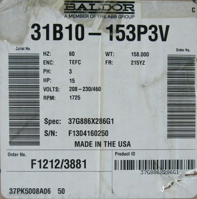 NEW BALDOR 31B10-153P3V MOTOR 37G886X286G1 3P 208-230/460V 1725 RPM