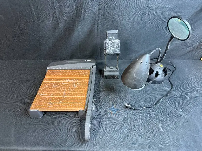 X-Acto Paper Cutter, Clip-On LED Lamp, and Desk Magnifier Lot