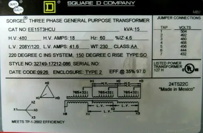 NEW SQUARE D EE15T3HCU TRANSFORMER 15KVA 480V 208Y/120