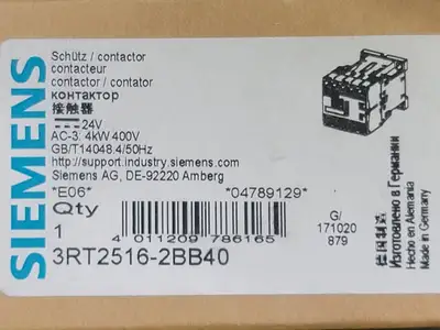 9 Amp, 3 Pole, 2 NO + 2 NC, 24 VAC Coil Contactor 3RT2516-2BB40