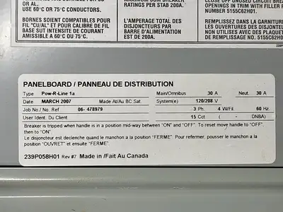 30 Amp Panelboard Interior 120/208 Volts, Pow-R-Line 1A