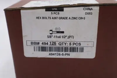 HEX BOLTS A307 GRADE A ZINC CR+3 5/8'-11x4 1/2", (PT) 494126-5-PN #K-3057