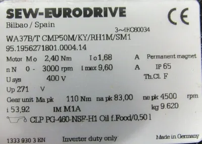 NEW SEW EURODRIVE WA37B/TCMP50M/KY/RH1M/SM1 GEAR MOTOR 85241745