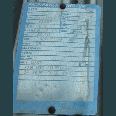 Louis Allis Pacemaker 60/91 hp Electric Motor