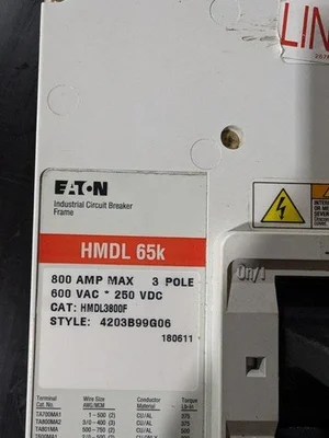 Eaton Cutler Hammer HMDL3800F HMDL 65k 800 Amp 3 Pole