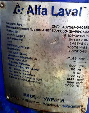 Alfa-Laval CHPX 407 SGP-34 GRT clarifier centrifuge, 316SS.