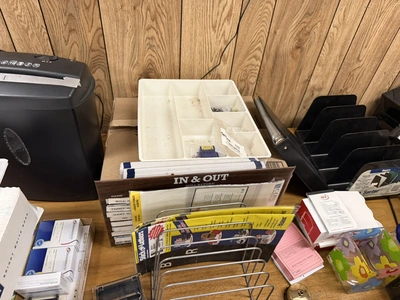 (1) 80" wooden desk with contents, includes paper shredder, paper organizers, Rolodex cards, coffee ...