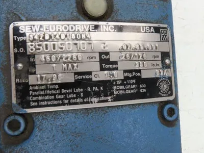 Sew Eurodrive S42D14DT80N4 Varimot Variable Gearmotor 26-126rpm 18:1 460V 3PH