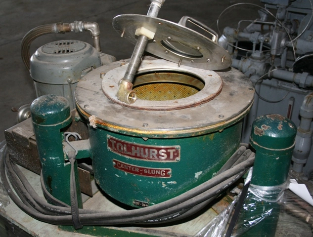 Used Tolhurst 12" X 6" stainless steel perforated basket, solid bottom centrifuge