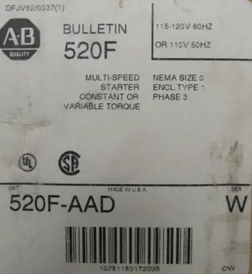 ALLEN BRADLEY 520F-AAD MULTI SPEED STARTER SIZE 0 520F-A0D 520FAAD NEW SURPLUS