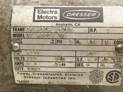 Electra Motors Dresser CK143TW 217RY Gearmotor 1Hp 460V 3PH 25:1 Reducer 69 RPM