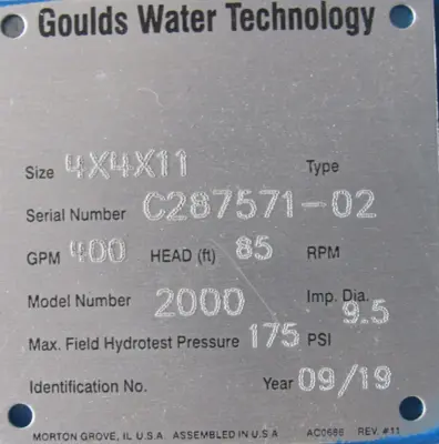 NEW GOULDS A-C 2000 PUMP 4x4x11 400GPM AC5226