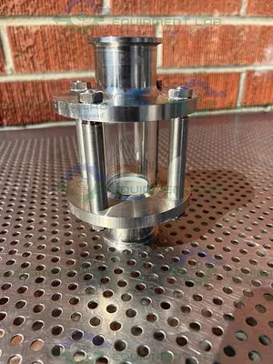 USED 316L STAINLESS STEEL SINGLE WALL  IN LINE SIGHT GLASS W/ 1 1/2" SANITARY FITTING