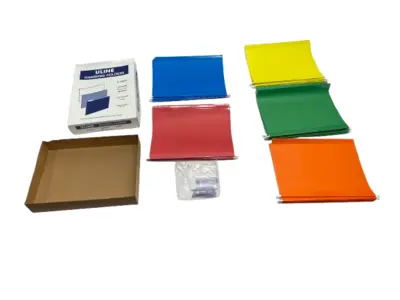 USED ULINE HANGING FILE LETTER FOLDERS, RED, BLU, YLW, GRN & ORG BOX OF 25