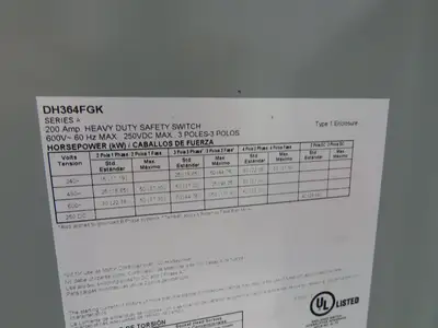Eaton DH364FGK Fusible Disconnect Safety Switch 200A 600V 3Ph