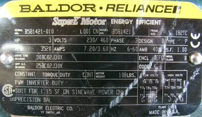 USED BALDOR B581421 MOTOR 3HP 230/460V 3520 RPM 182TC