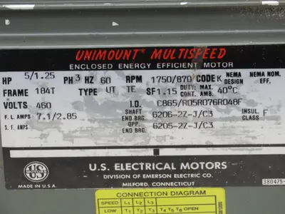 Unimount Multispeed C865/R05R076R048F Electric Motor 5HP 1750 RPM 3PH 460V 184T
