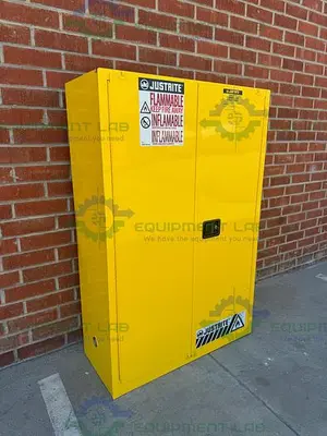 USED JUSTRITE 45 GALLON FLAMMABLE LIQUID STORAGE CABINET W/ SOFT CLOSE DOORS, KEY