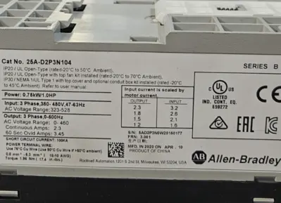 Allen Bradley 25A-D2P3N104/B PowerFlex 523 0.75kW (1Hp) AC Drive Loc1E7