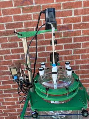 USED CHEMGLASS 150 LITER GLASS REACTOR W/ CHEMGLASS DIGITAL OVERHEAD STIRRER