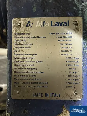 USED Alfa Laval Alfa Laval Disc Centrifuge, Model VNPX 510 SGD 34 GS