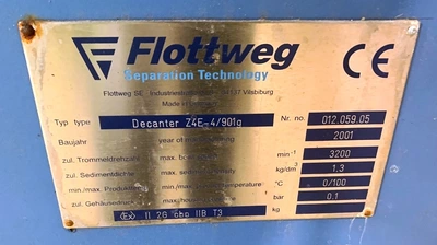 Flottweg Z4E-4/901g ATEX decanter centrifuge, Alloy 22.