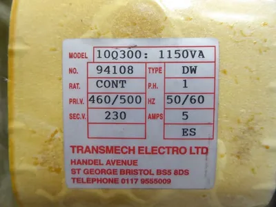 Transmech Electro Ltd. 10Q300 Transformer 1150VA 1 Phase 5 Amps 50/60 Hz Used