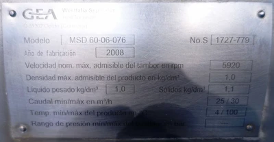 Westfalia MSD 60-06-076 milk clarifier, 316SS.