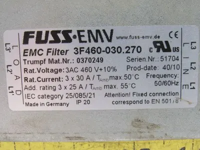 Fuss EMV 3F460-030.270 Trumpf Nr. 0370249 3AC 460V 3x30A EMI Filter