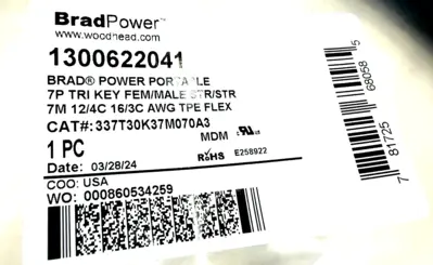 NEW BRADPOWER 1300622041 PORTABLE CORDSET 7P FEMALE/MALE 7M 337T30K37M070A3