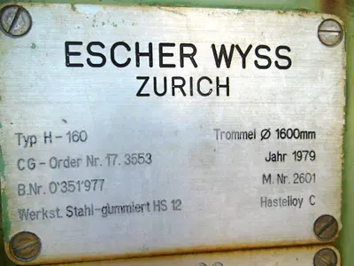 (2) Escher-Wyss H-160 peeler centrifuges, rubber-lined.