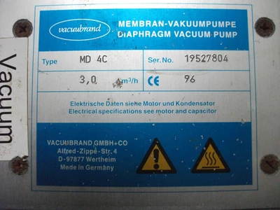 Vacuubrand Diaphram Vacuum Pump Type MD 4C 3m.Cu/Hr