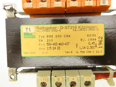 Rathgeber Kitzingen D-97318 Transformer 115/24DC 2.5A Type VA 210 EGG 250 CAN
