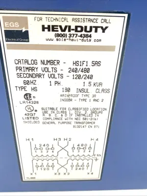 USED EGS 1.5KVA TRANSFORMER 240/480V - 120/240V NEMA 3R HS SERIES