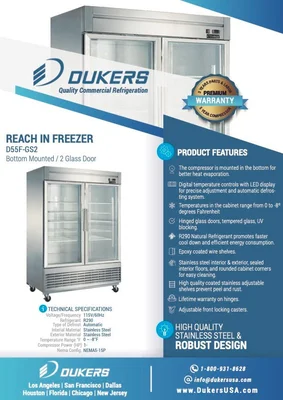 New | in-Stock Dukers New Dukers D55F-GS2 Bottom Mount Glass 2-Door Commercial Reach-in Freezer Freezers Illinois US | Falcon Restaurant Supply #1376301